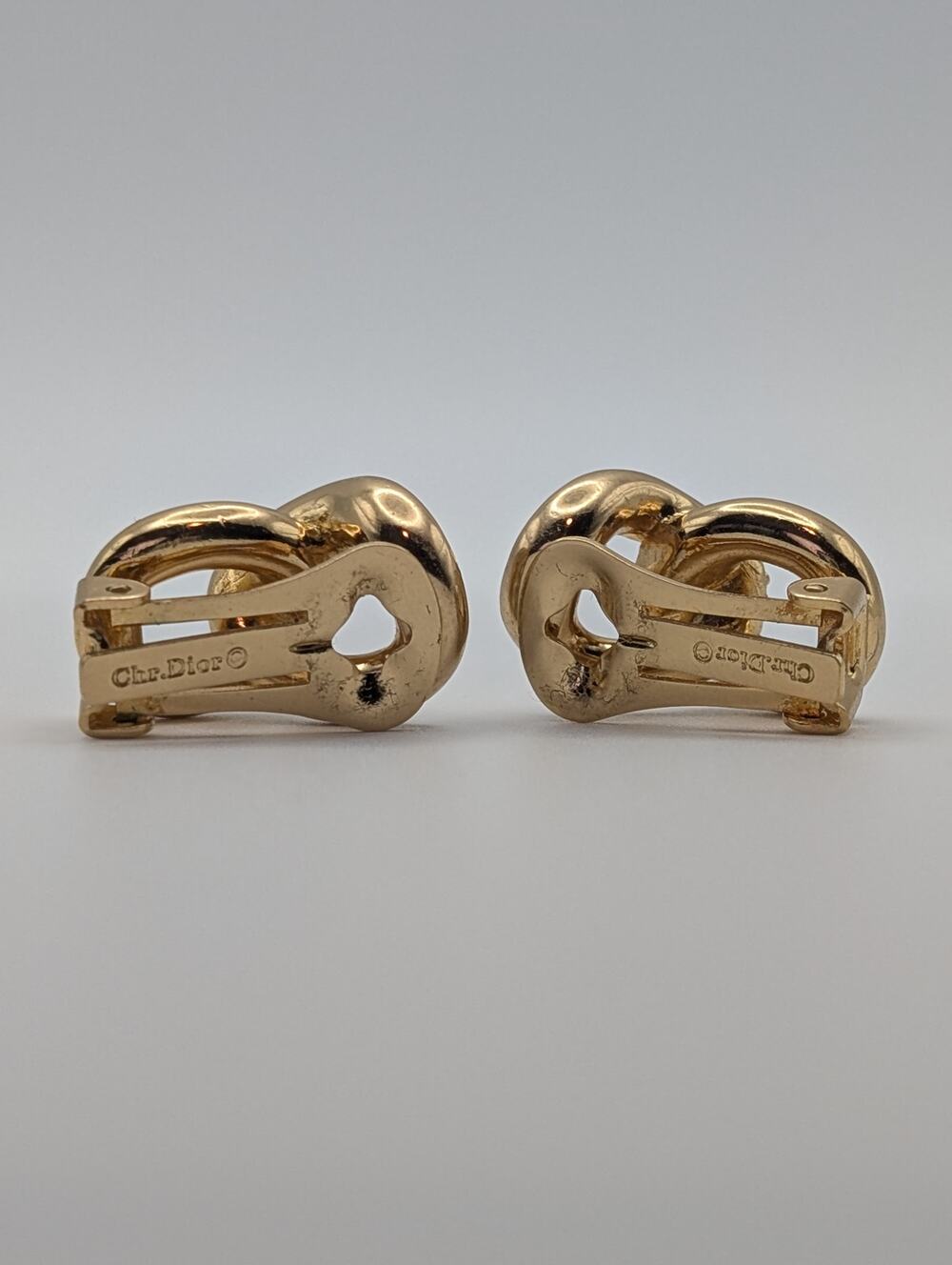 Authentic Christian Dior Gold Tone Knot Clip Earrings Pave Rhinestone Signed
